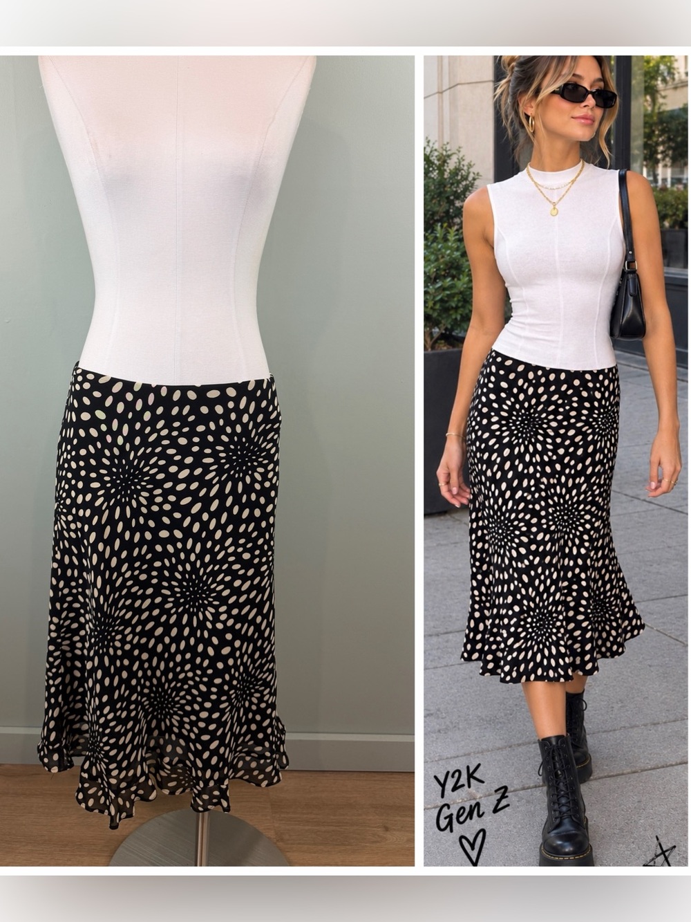 Y2K Vintage Ceduxion Chiffon Black & Cream Polka Dot Midi Skirt M, fits like M/L